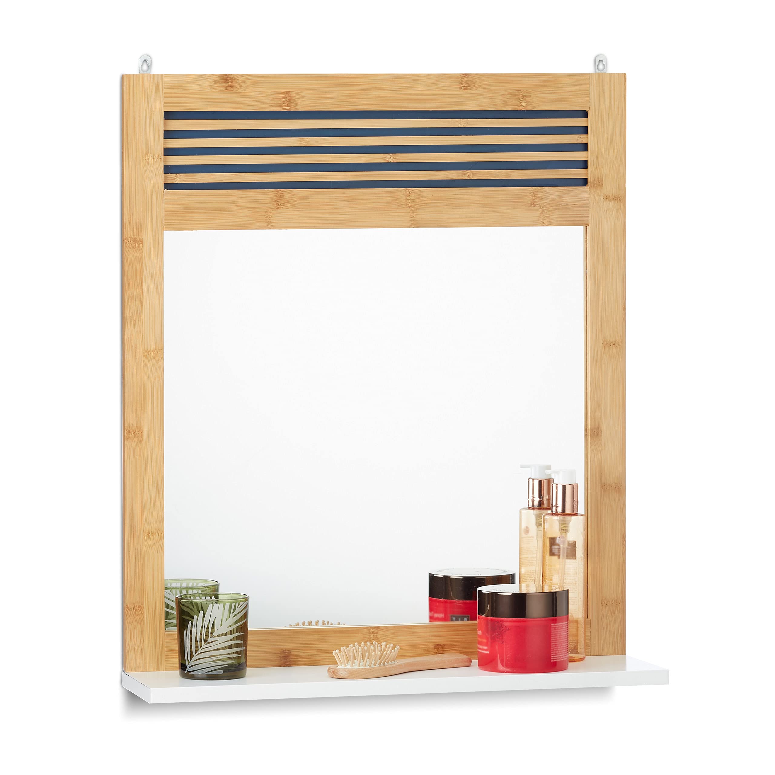 Relaxdays Espejo de baño con Estante, Decorativo, Bambú, 61 x 53 x 15 cm, 1 Ud., Marrón & Blanco