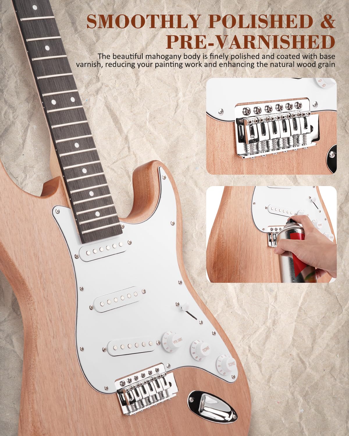 STRICH Kit de guitarra eléctrica de bricolaje, cuerpo de caoba estilo ST y guitarra de cuello de arce con pastillas SSS, kit fácil de montar con todas las piezas incluidas, construye tu propia