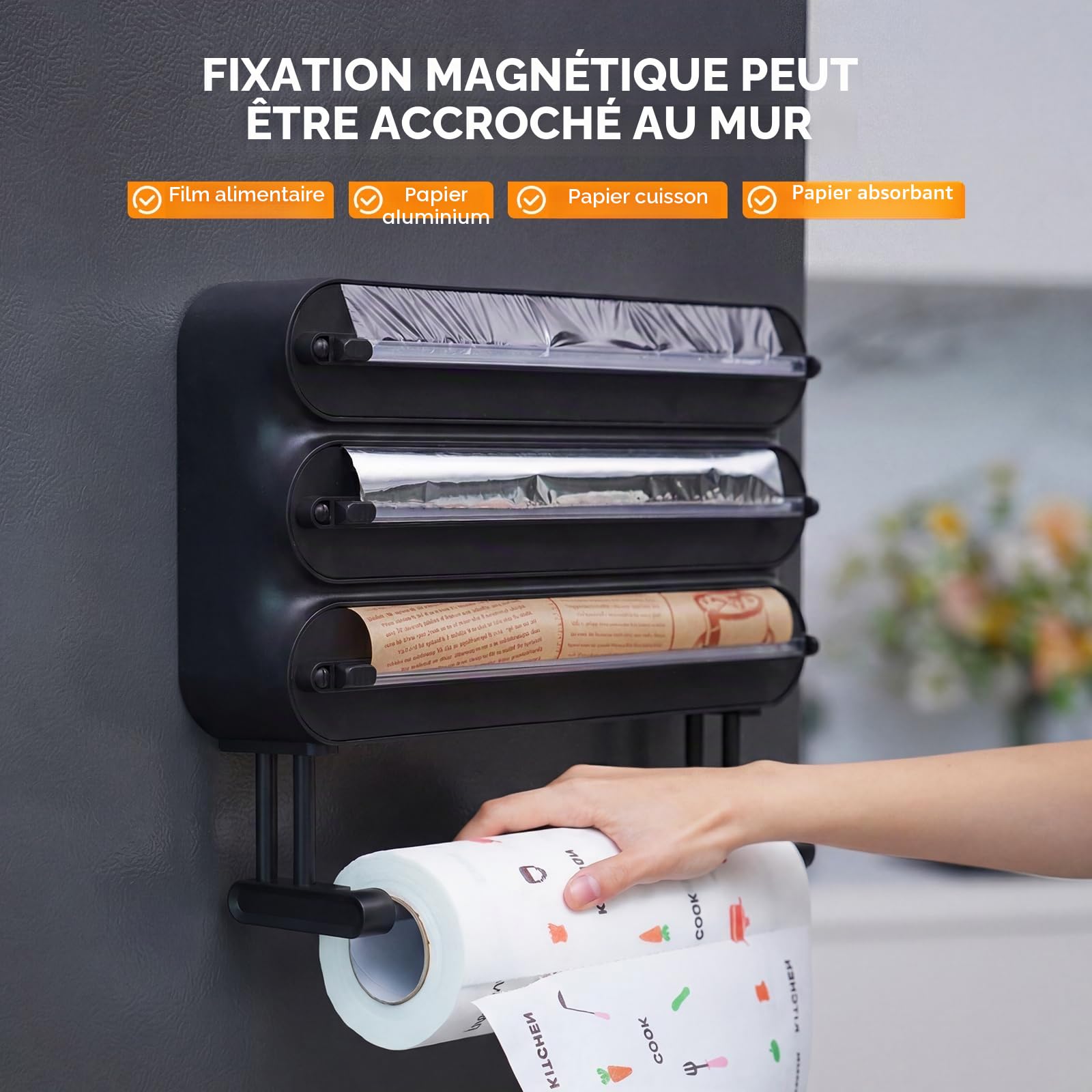 4 en 1 Derouleur Film Alimentaire，Distributeur Film Alimentaire，Distributeur Papier Aluminium et Film-Magnétique et Murale sans Percer (Noir Pur)