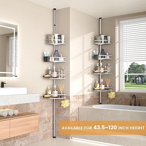 Miniatura 2 de Estantería Esquinera de Ducha con Barra de Tensión: Organizador de Baño Ajustable de 4 Niveles - Estante de Champú para Tina a Prueba de Óxido