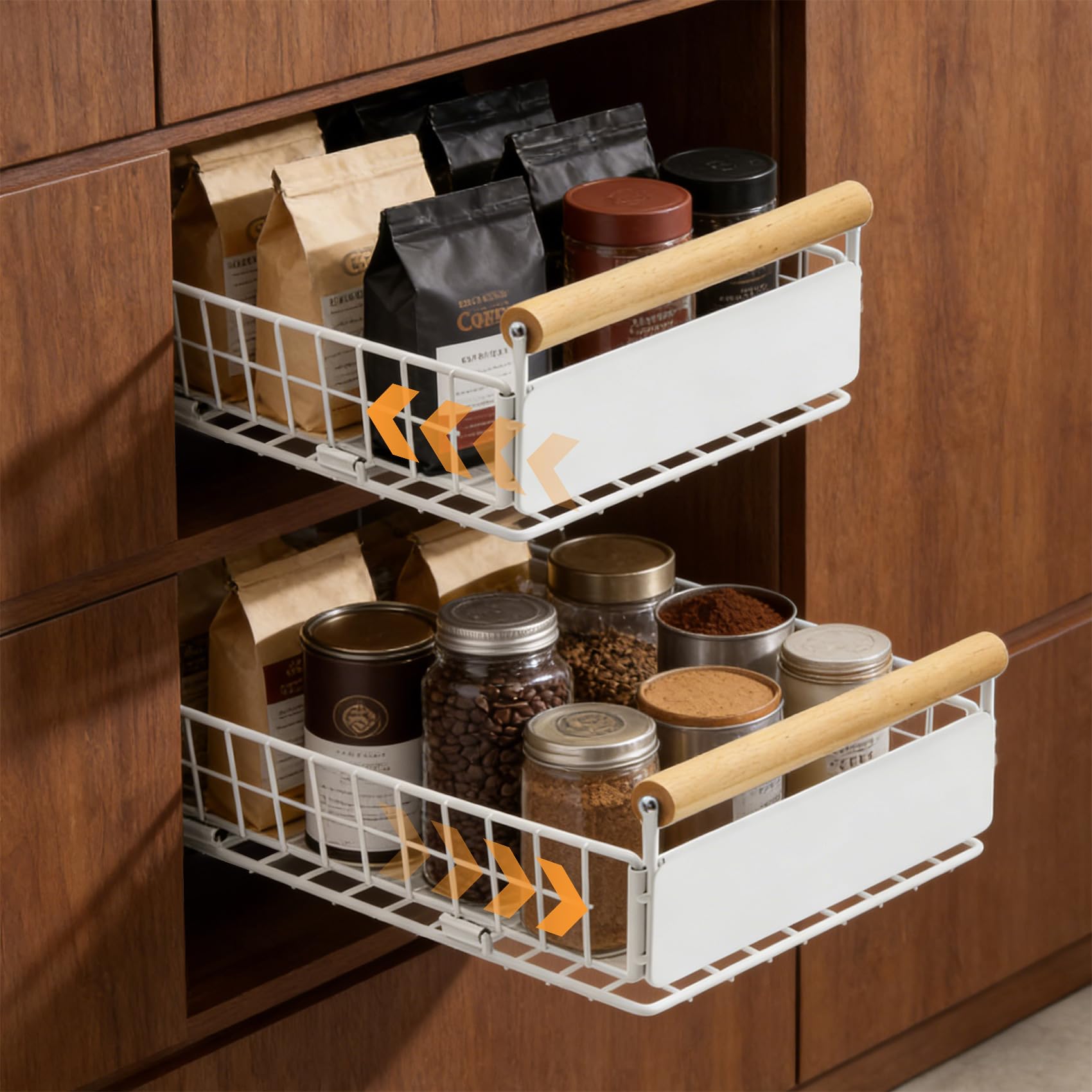 Juwacoo 2 Pcs Pull Out Cabinet Organiser, Pull Out Kitchen Storage Foldable Drawer Organiser, Pull Out Shelf Drawer Organiser with Handle, No Drill Slide Out Drawer for Kitchen Cupboard,Bathroom,White