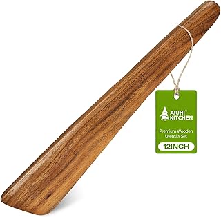 AIUHI 12 Inch Wooden Spatula for Cooking, Non-Stick Safe Teak Spatula Turner, Wooden Egg Flipper & Scraper, Essential Wooden Cooking Utensils for Kitchen