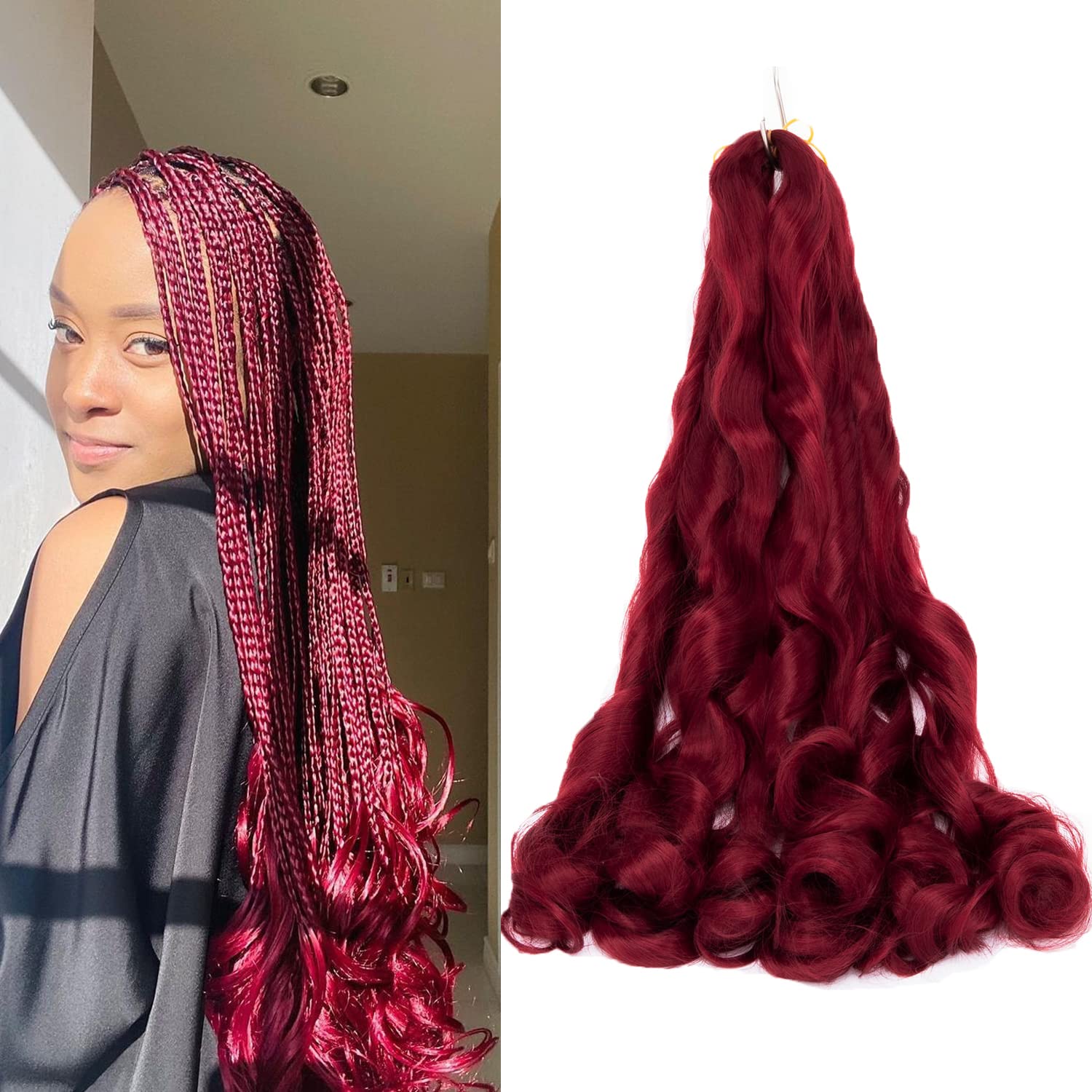 8 Packs French Curly Braiding Hair 30 Inch Loose Wave Spiral Curly Crochet Hair for Black Women Pre Stretched Braiding Hair with Curly Ends (30 Inch（Pack of 8）, #Burgundy)