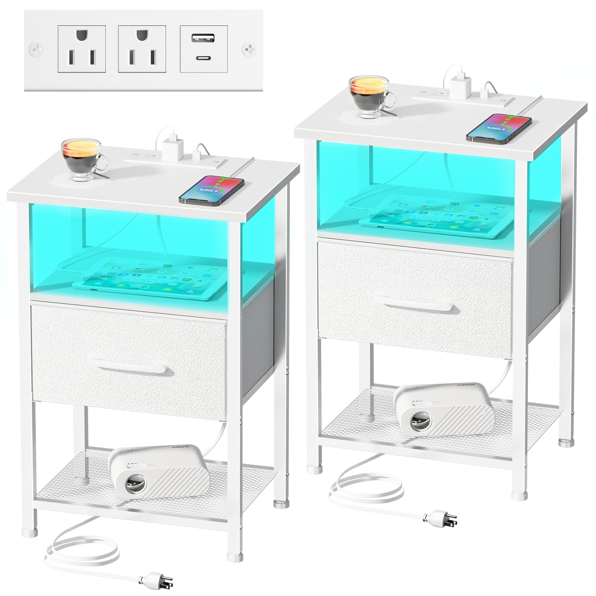 LAKEMID Nightstands Set of 2 with Charging Station and Drawer, End Table Bedside Table with 20 Colors LED Light Strip and 2 Layers Shelf for Bedroom