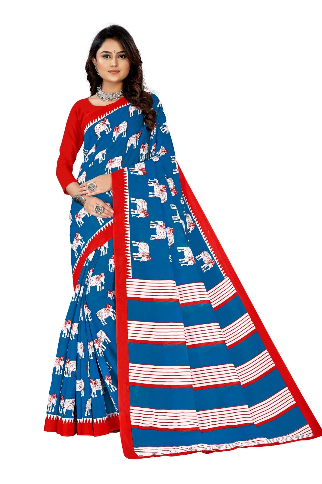 Women's Vibrant Blue & Red Cotton Silk Saree with Traditional Elephant Print and Striped Pallu-picture-23