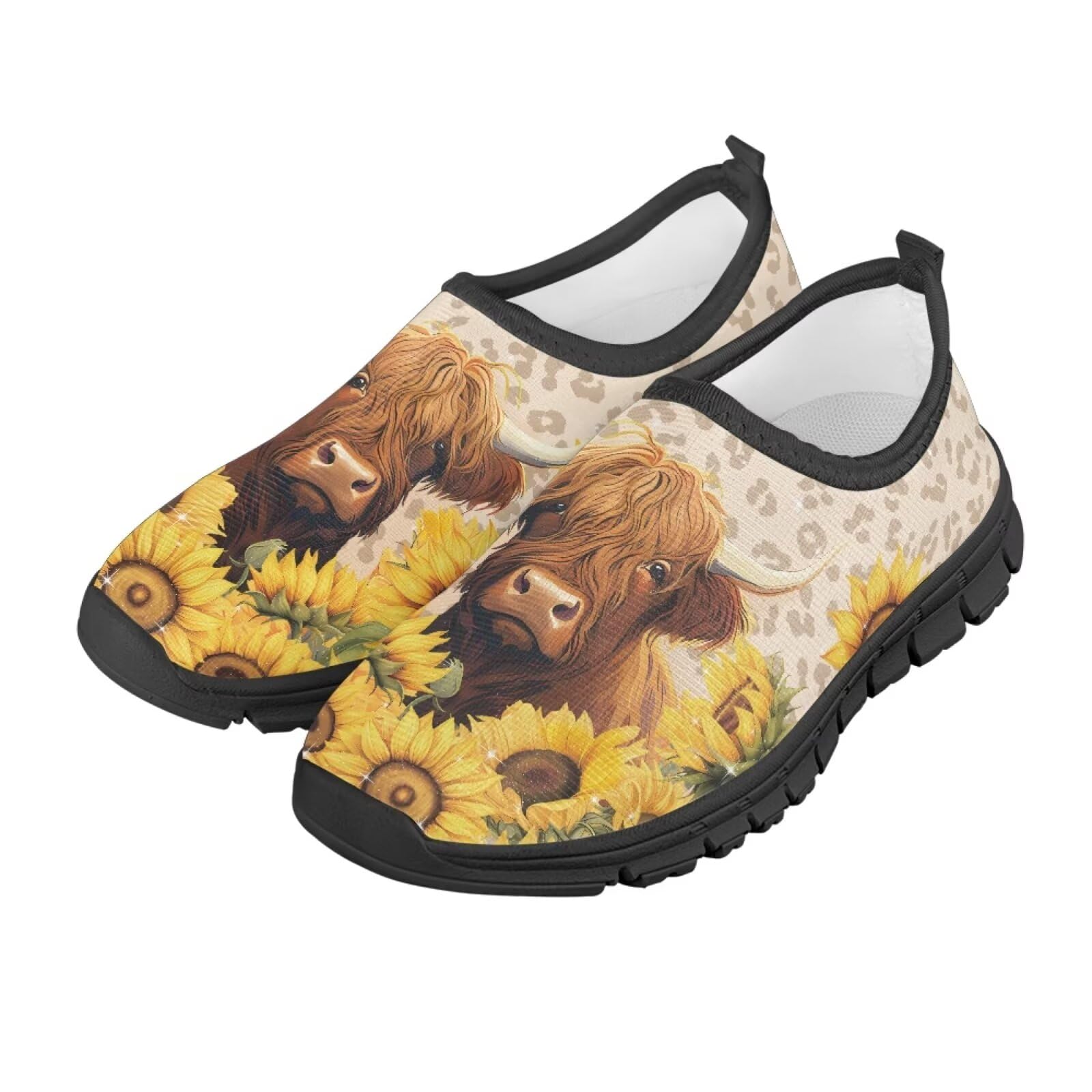 Watdotory Running Shoes for Kids Low-Cut Sneakers Casual Tennis Shoes for Boys Girls Comfortable Children's Athletic Footwear - Highland Cow Sunflower Leopard Print US 2.5 Big Kid