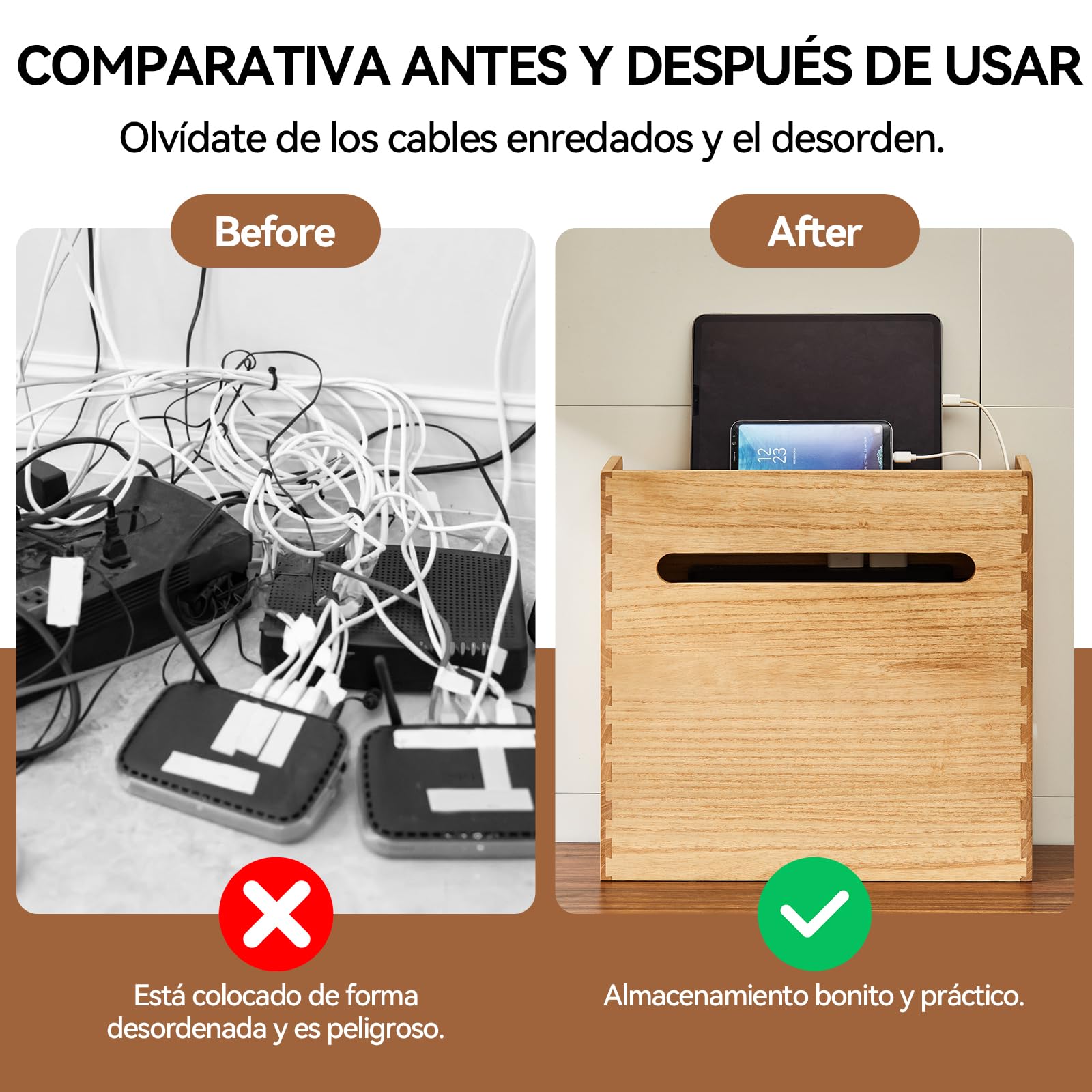 KIRIGEN Organizador de Madera para Router Wifi Inalámbrico, Soporte para Enchufes, Estante y Gestión de Cables Color Natural