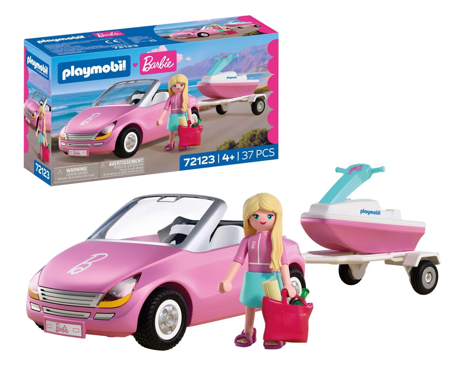 Playmobil | Barbie | Convertible | Convertible Car with Trailer & Jet Ski | Summer Adventure with Barbie on the Malibu Coast | Vehicle & Water Fun | Creative Playset for Children Aged 4+ | 72123