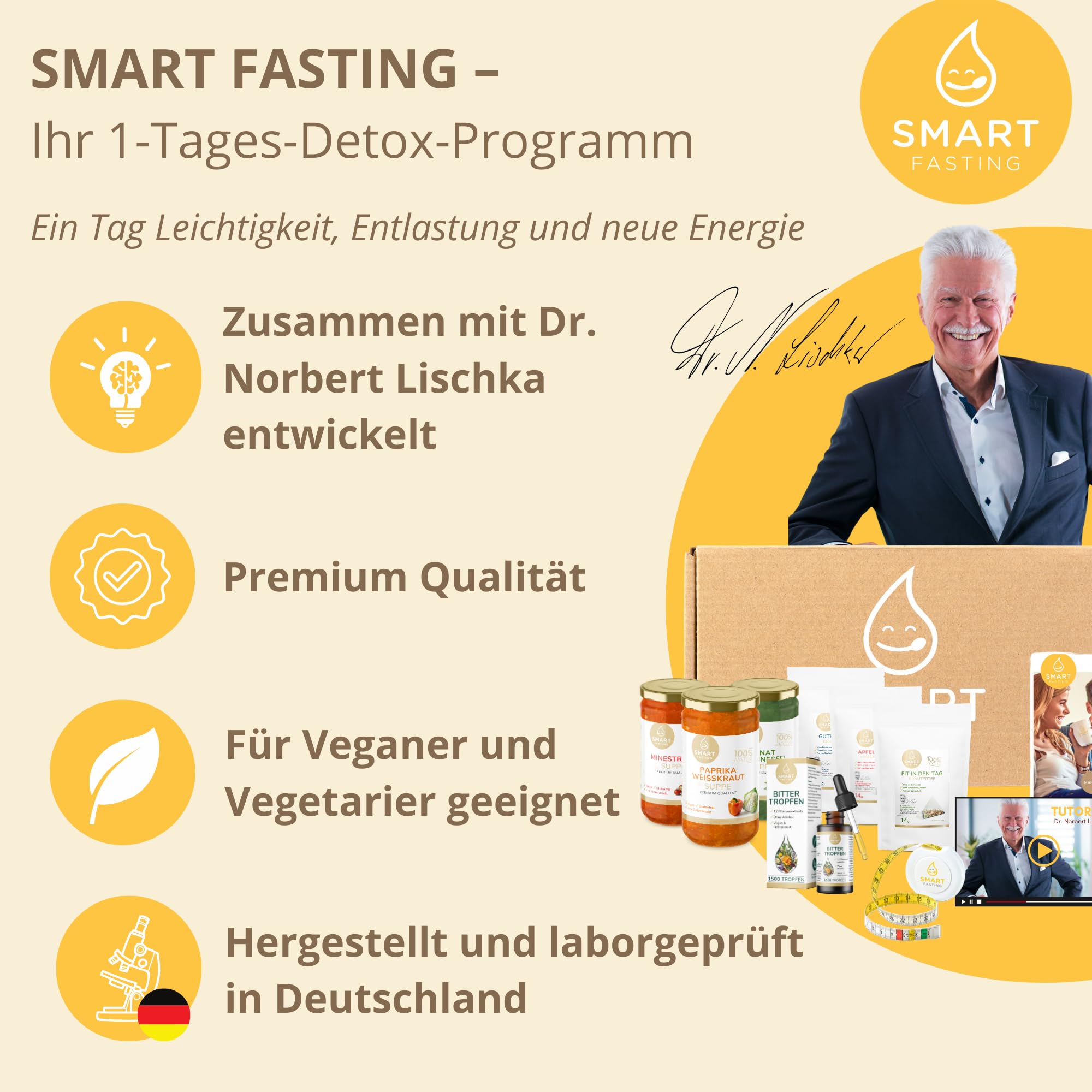 1-Tages-Detox-Box – vegane Fasten- & Suppenkur für Zuhause mit Suppen, Tee & Bittertropfen – sanfte Entlastungskur ohne Hungern – inkl. Anleitung & Maßband – Smart Fasting nach Dr. Lischka