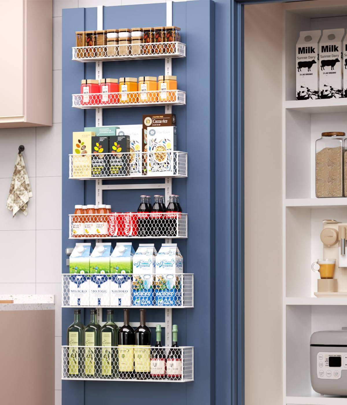 Photo 1 of 6-Tier Over The Door Pantry Organizer,Hanging Spice Rack,Grid Basket,White