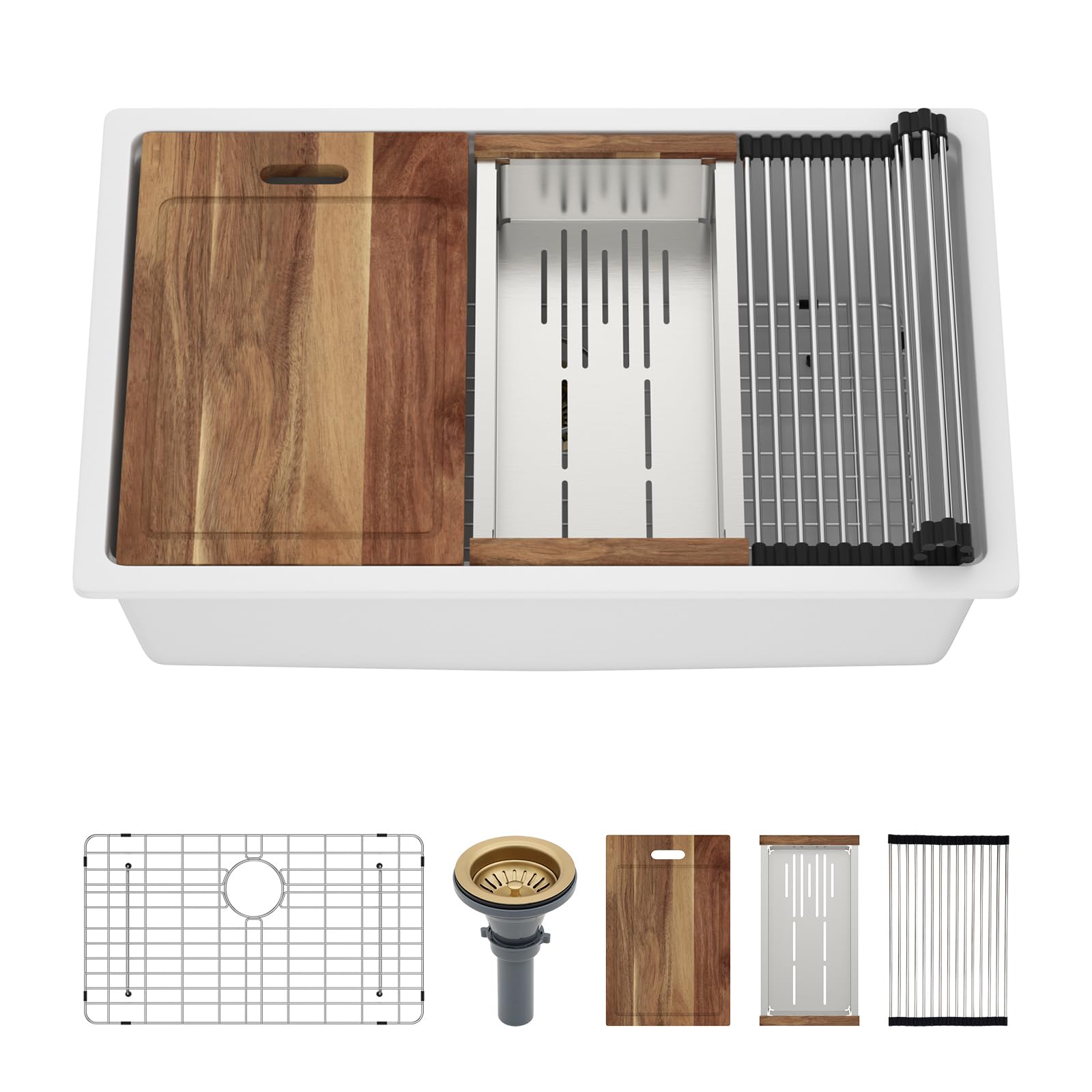 Évier de cuisine composite résistant aux taches blanc 76 cm avec drain d'or