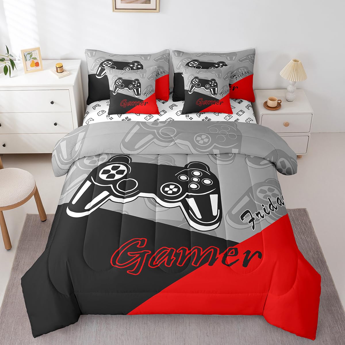 Feelyou Gamer Comforter Set with Sheets for Boys Teens Gaming 7 Piece Bedding Set Queen Size Video Game Contoller Home Bed in a Bag Decor for Kids Bed