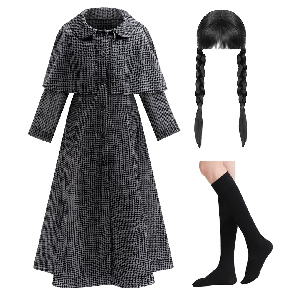 GRIVOS Girl Grey Costume Striped Long Coat Kid Cosplay Dress Halloween Character Party with Wig and Socks Set
