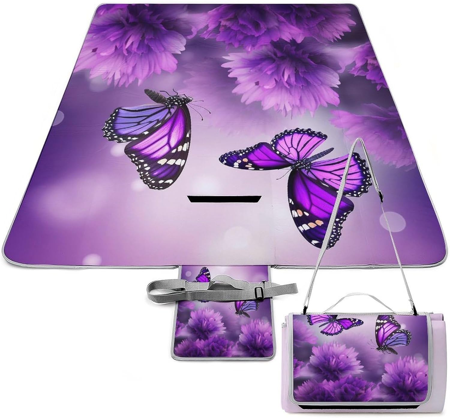Purple Flower Butterflies Foldable Waterproof Outdoor Picnic Mat for Beach, Camping & Park - Outdoor Rugs with Sponge Padding