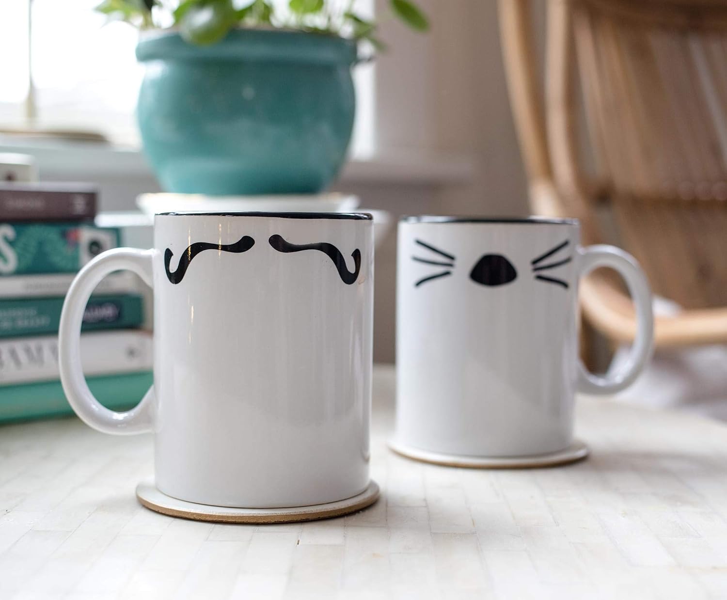 Ukonic Friends TV Show Mr. Rachel Cat Whiskers and Mrs. Ross Moustache Double-Sided Ceramic Mugs | Set of 2 | Funny Couples Gift Set | Each Mug Holds 15 Ounces