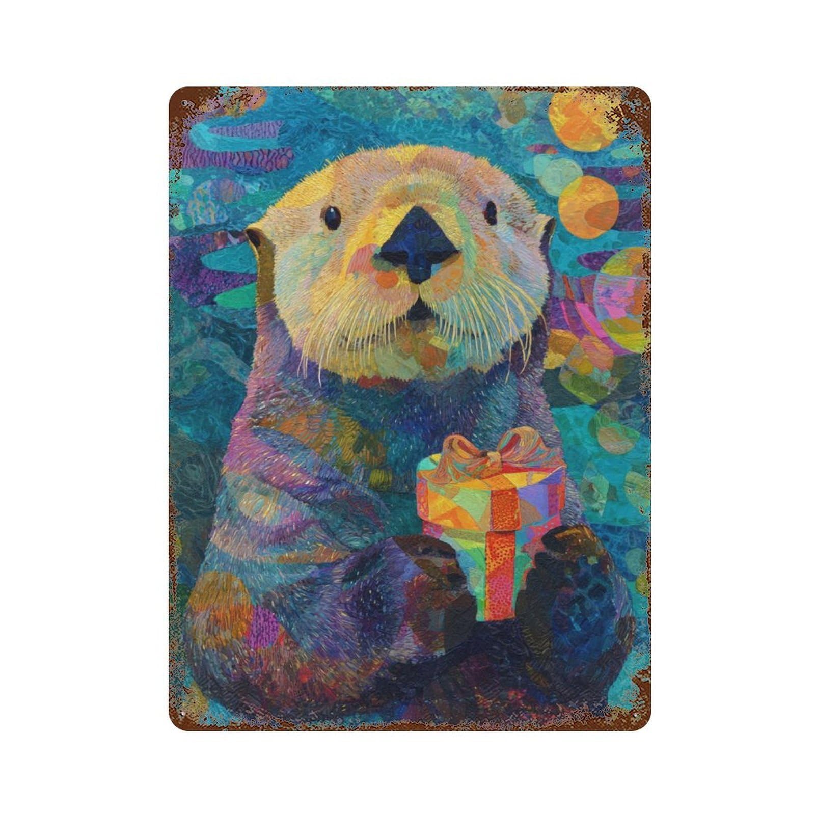 Otter Holding Gift Box Vintage Rust Metal Sign 15.7"x11.8", Classic Wall Plaque for Garage, Pub Or Kitchen