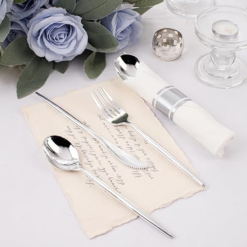 Miniatura 3 de MirthMood - 150 cubiertos de plástico plateado, 50 cuchillos, 50 cucharas, 50 tenedores y 50 servilletas, cubiertos de plástico resistente, vajilla