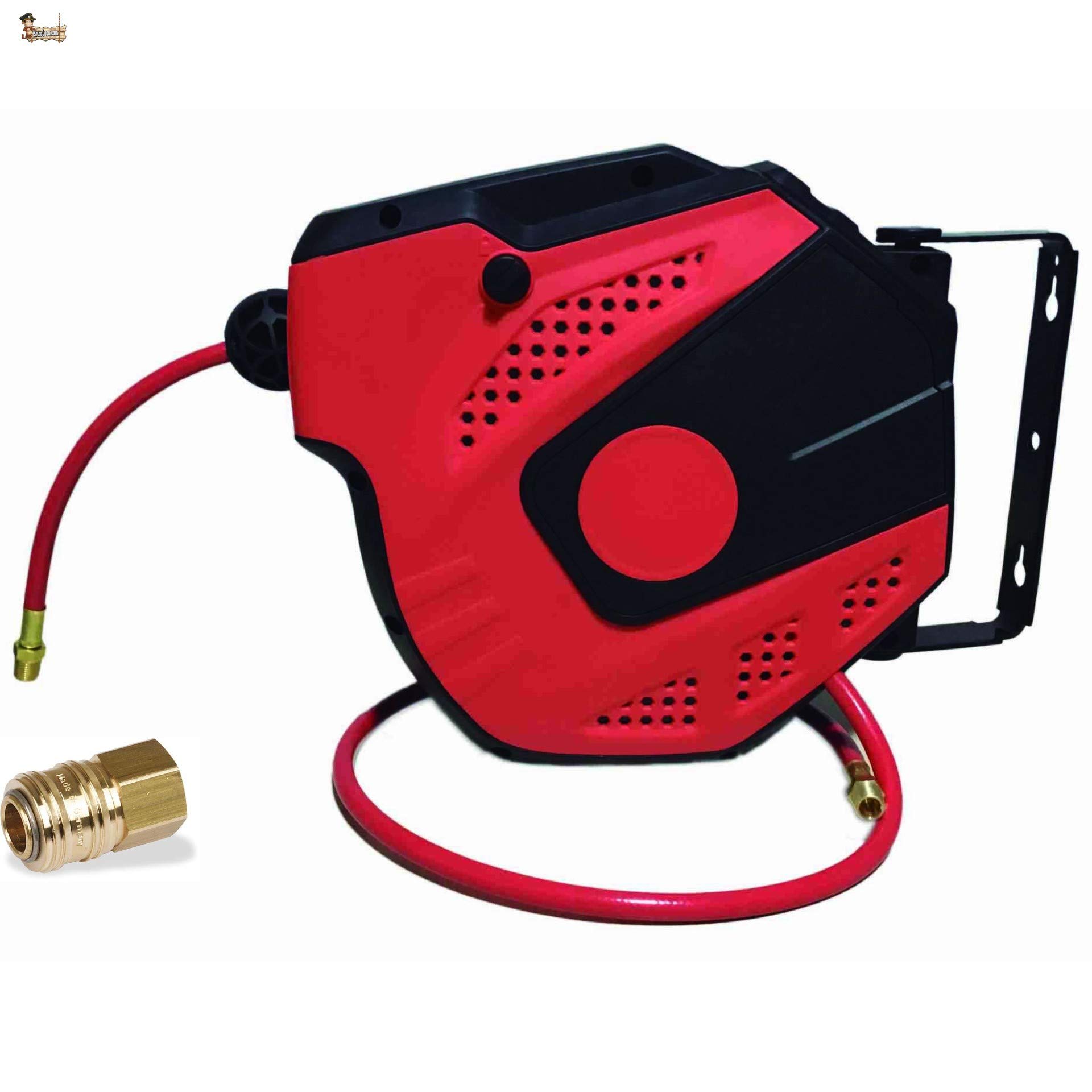 BricoLoco Enrollador automático manguera aire comprimido para compresor. Tambor 7+1 metro. Retráctil. Soporte pared permite giro a 180º. Manguera PVC flexible. Conector rápido.