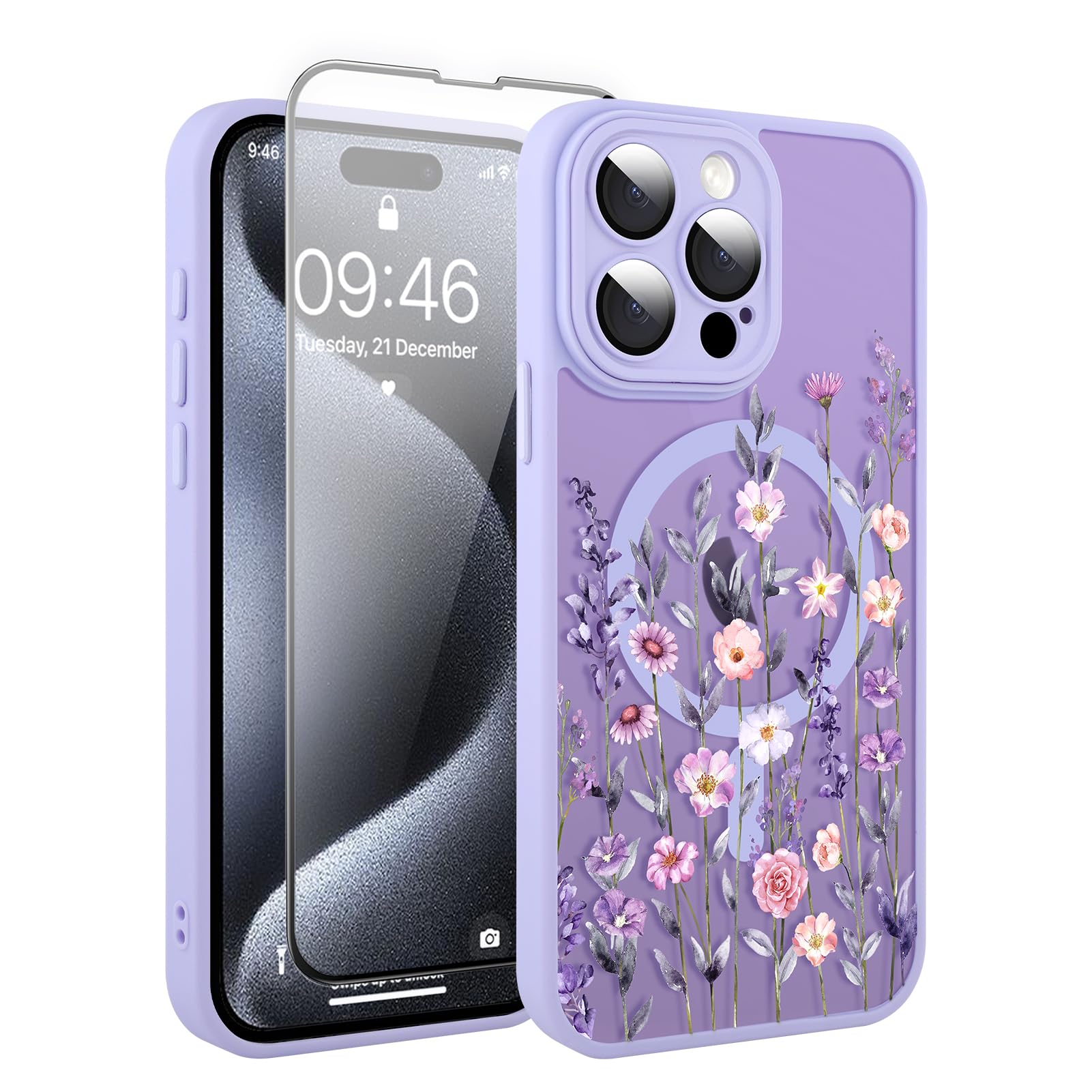 Fsoole Upgraded Magnetic for iPhone 15 Pro Max Case 6.7" with Screen Protector [Compatible with MagSafe] Pretty Flower Floral Pattern Design,