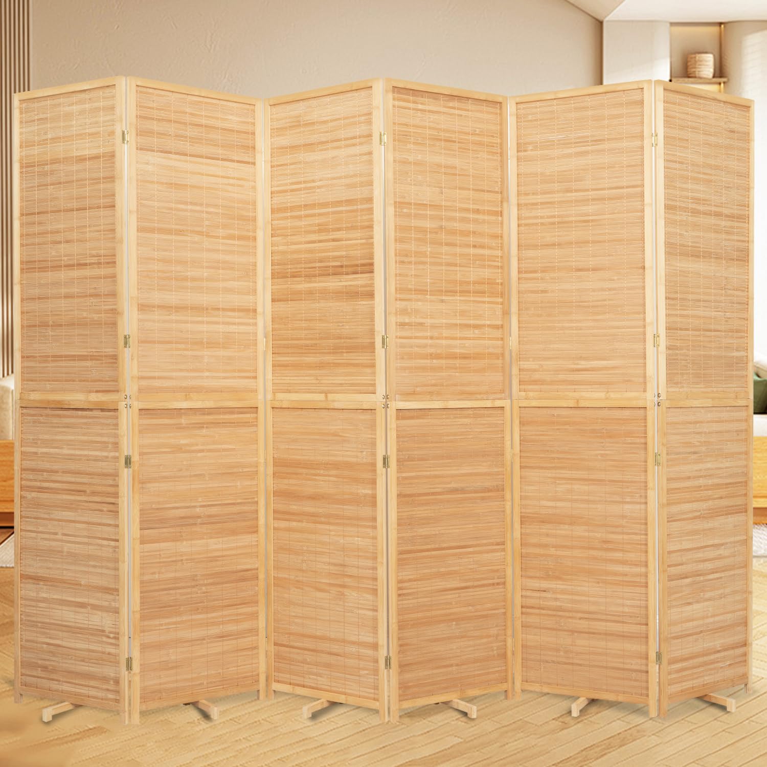 Bamboo Mesh Woven Room Divider 5.6FT,6 Panel Folding Privacy Screen,Brown