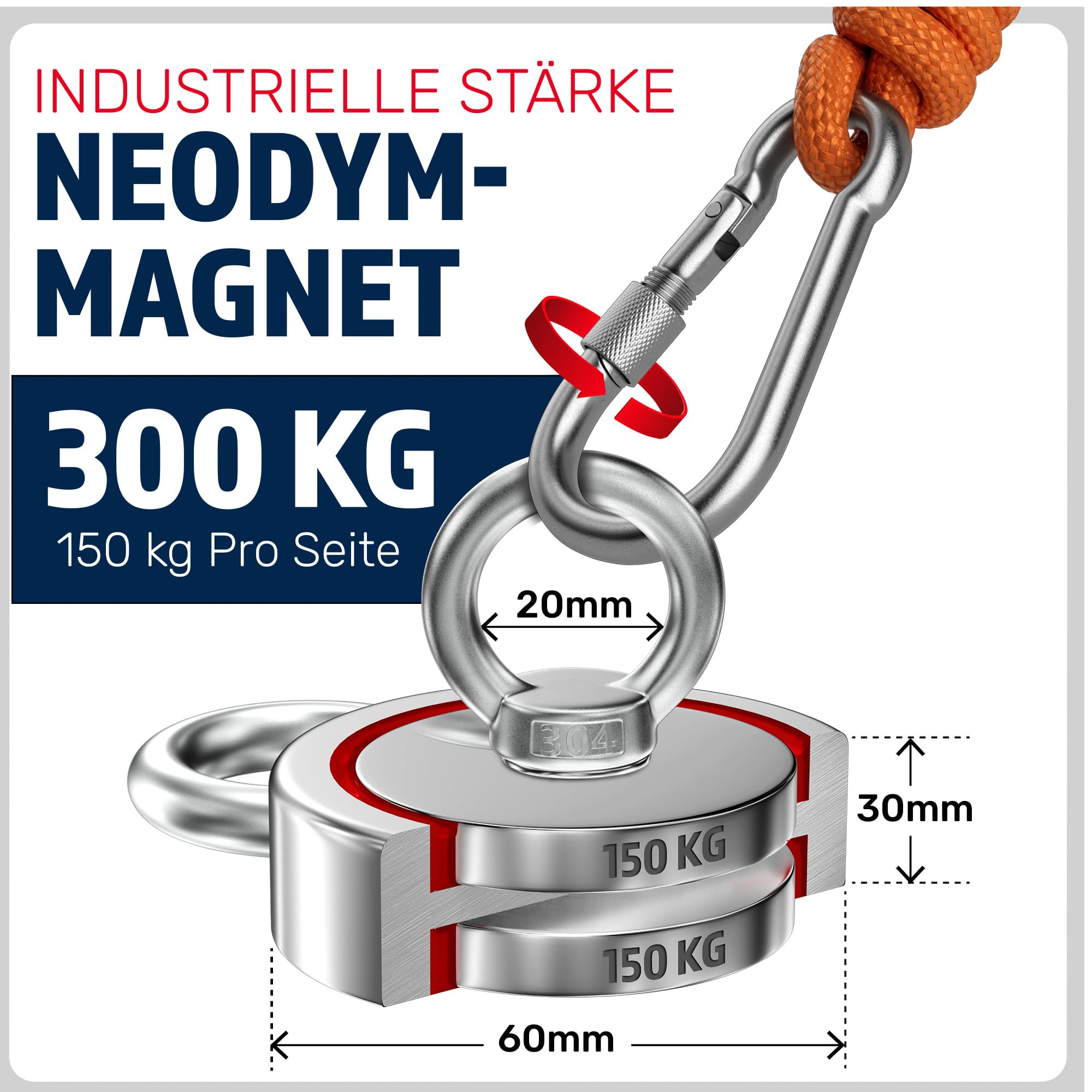MAGFISHION Magnetfischen Mega Set - 300 KG (2 x 150kg) - Ø60mm - Neodym Magnet mit 2 Seilen, Greifhaken & Handschuhe - Magnet Fischen Angel - Ösenmagnet - Fishing Magnetangel - Magnetangeln Set