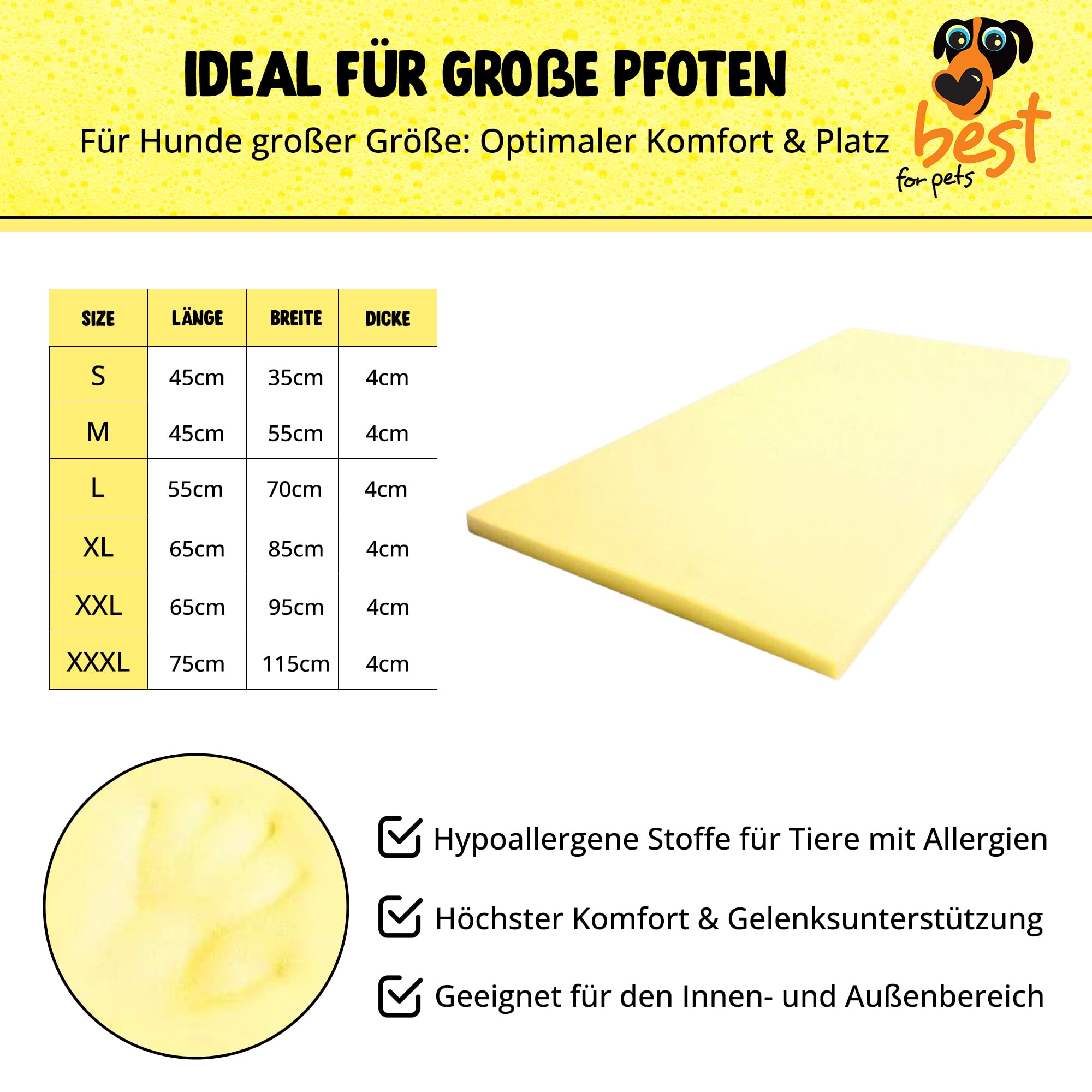 Best for Pets, cuccia ortopedica per cani, lavabile, viscoelastica, cuscino ortopedico per cani, materasso in memory foam, ortopedico, pieghevole (75 x 115 x 4)