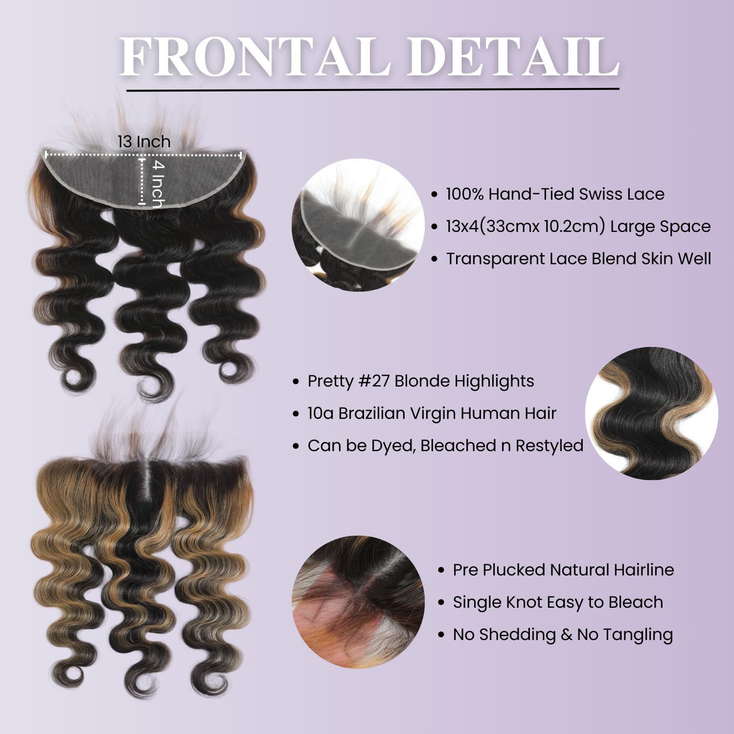 Honey Blonde Highlight Ombre 13x4 Lace Frontal Closure Only Human Hair Body Wave (150% Density, 10 IN), #27 Skunk Stripe Ear to Ear Lace HD Transparent Frontal Human Hair Pre Plucked Free Part
