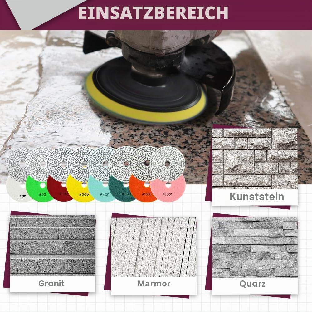 Diamant Polierpads Körnung 30-12 Stücke Nass Polierscheiben 100mm für Granit Marmor Quarz Kunststein, für Winkelschleifer