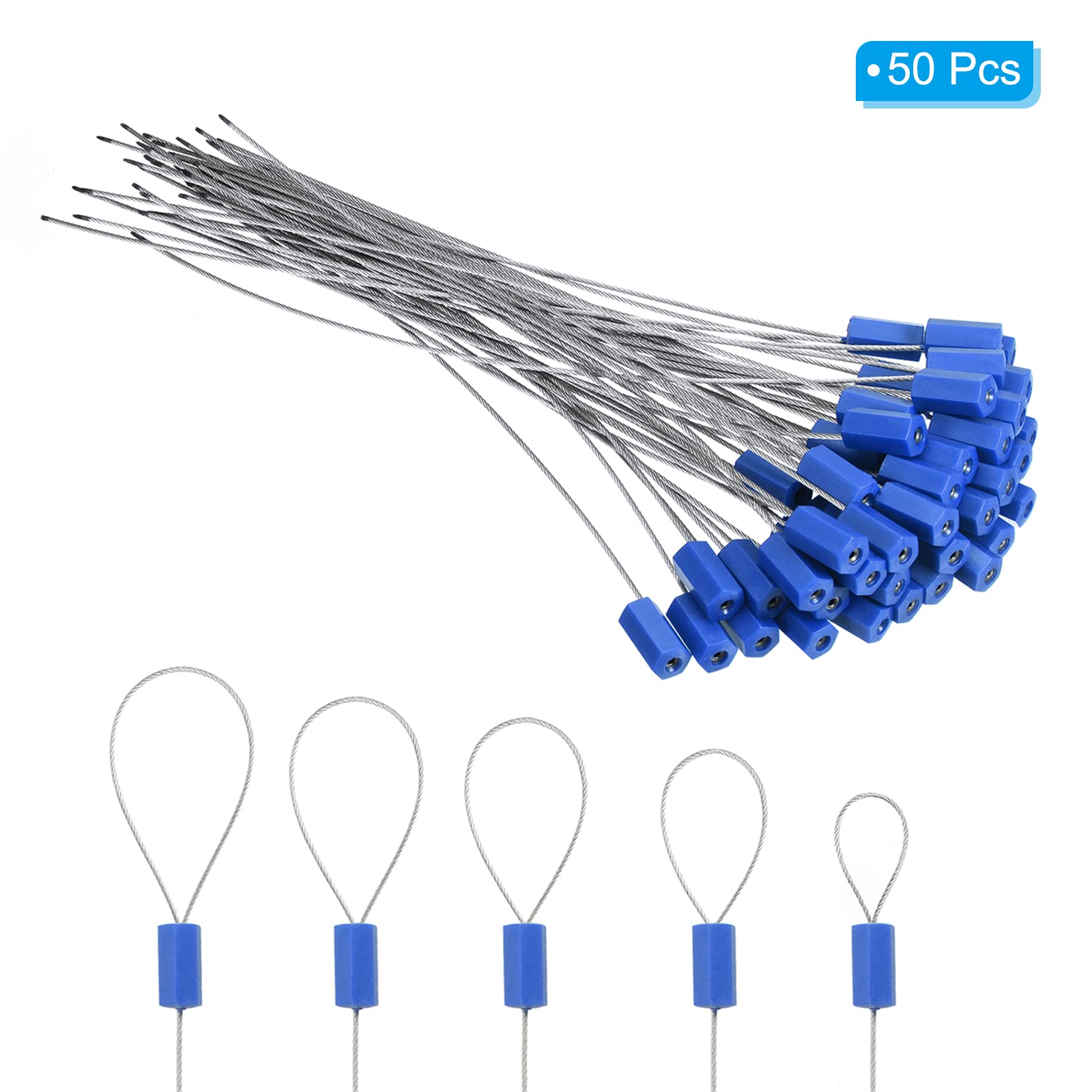 PATIKIL Acciaio Sicurezza Cavo Guarnizioni 12", 50pz Numerato Tirare Stretto Filo Antimanomissione Sicurezza Etichetta per Spedizione Contenitore Camion, Blu