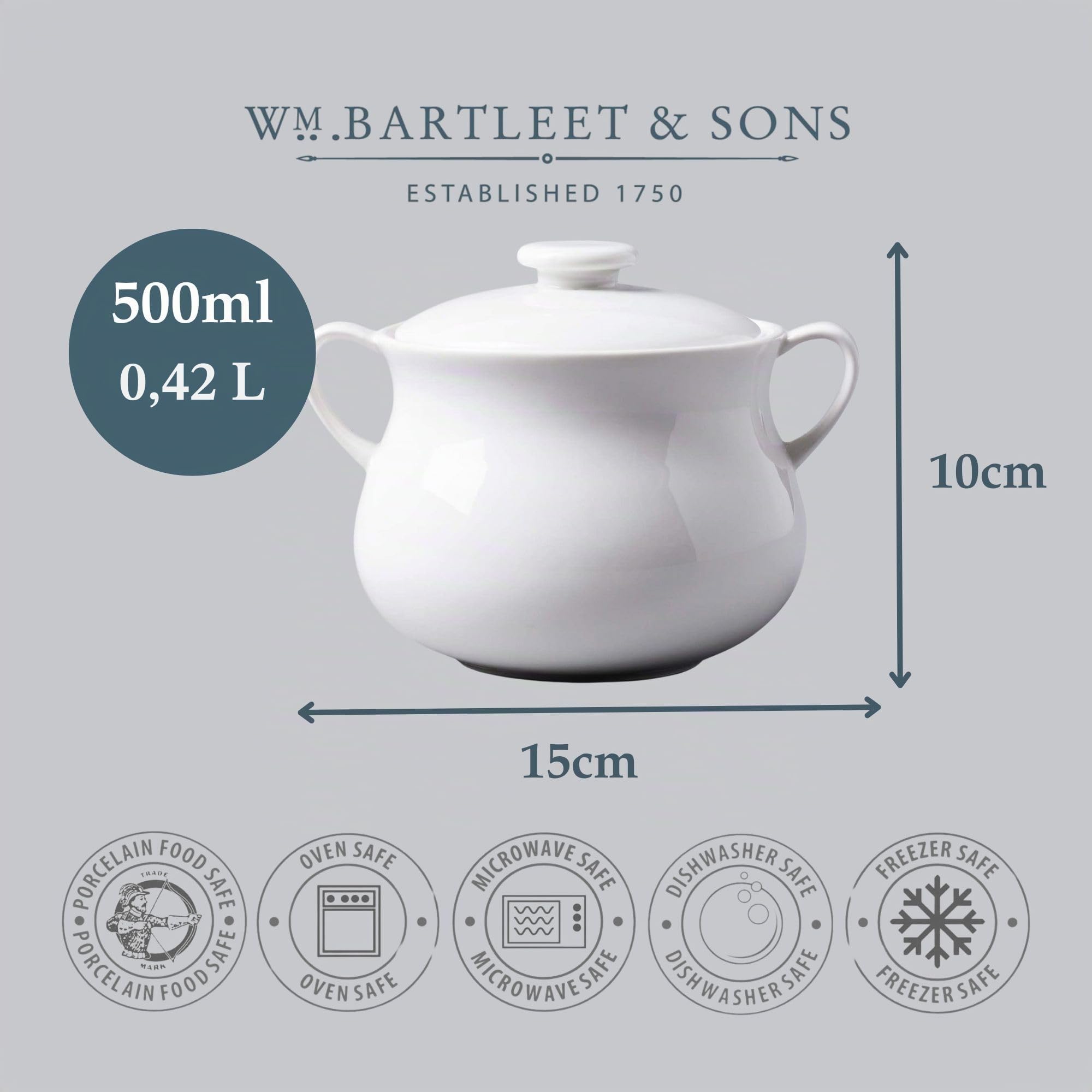 WM Bartleet & ‿Sons 1750 T411 Bol à soupe et ragoût en porcelaine avec couvercle Blanc 500 ml