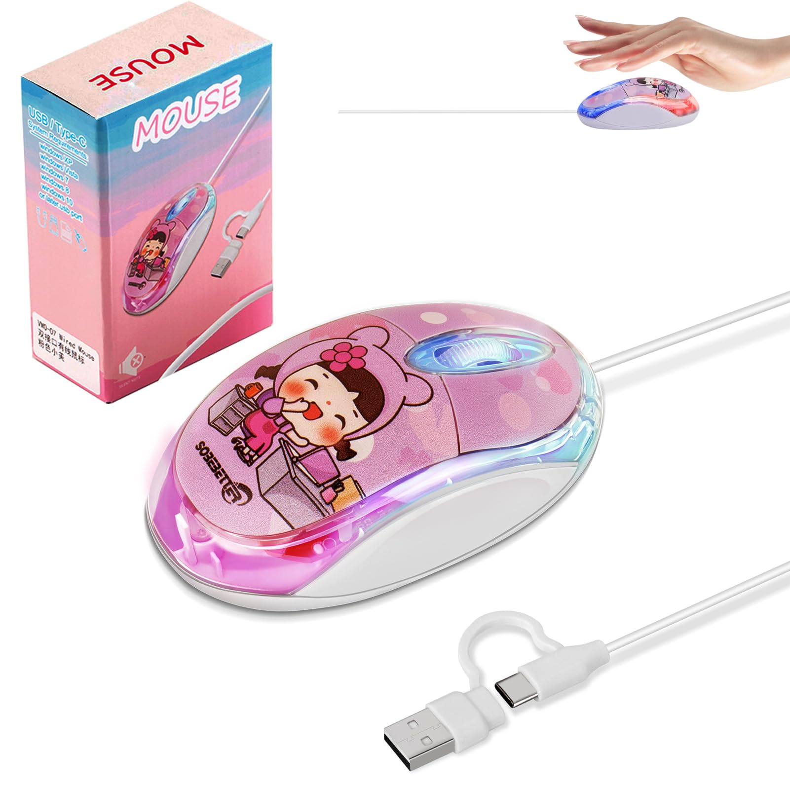 Wired Mouse with USB-C & USB-A 2-in-1, 7-Color LED Backlighting, 1.5 Meter/4.92ft Cable, 1000D-PI Mini Silent Click 3-Button Ergonomic Computer Mouse for Kids,PC,Laptop,Mac,Windows,Surface,Phone Pink