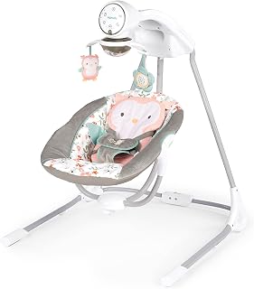 Ingenuity InLighten 5-Speed Baby Swing Nally Owl - 180° Swivel Seat, Lights, Sounds, 5-Point Harness for Newborns
