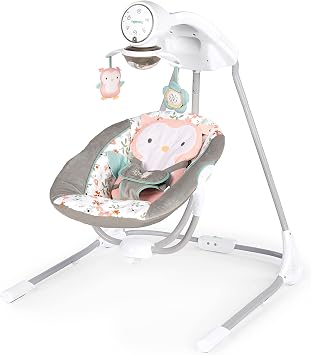 براعة InLighten 5-Speed Baby Swing - Swivel Infant Seat ، 5 Point Safety Harness ، Nature Sounds ، Lights - Nally Owl