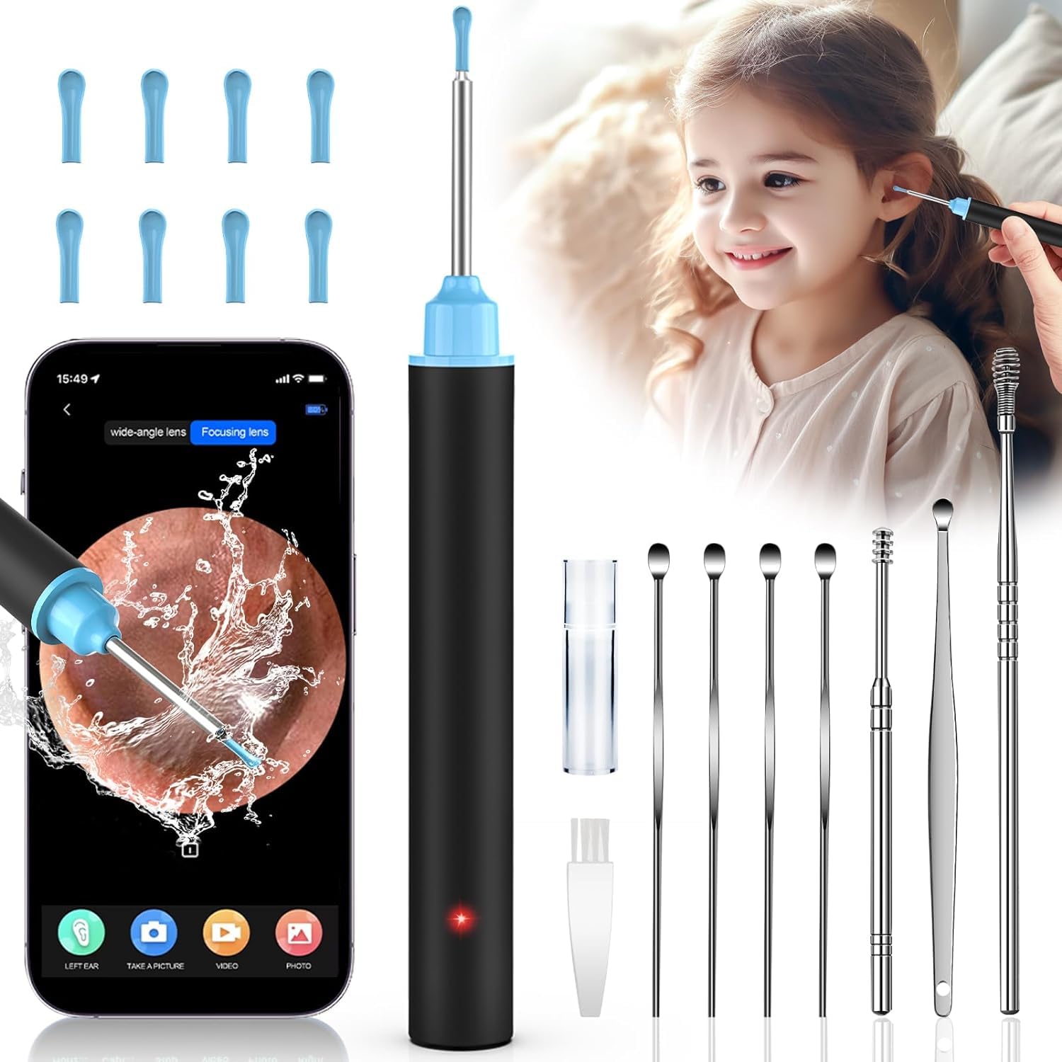 Otoscopio 1920P HD WIFI Wireless Digitale Endoscopio Telecamera con iOS e Android con 6 Luci LED per Bambini Adulti e Animali Domestici per Orecchio Compatibile