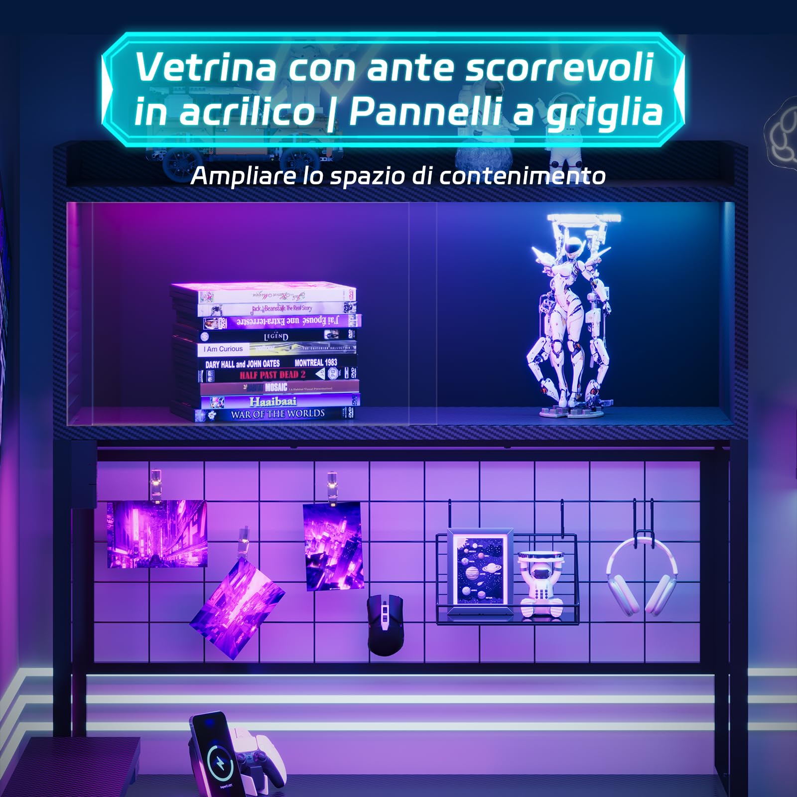 Devoko Scrivania Gaming Angolare 115x90 cm LED/Presa Nero | Struttura a L con mensola, griglia, 3 cassetti e supporto monitor per giocatori