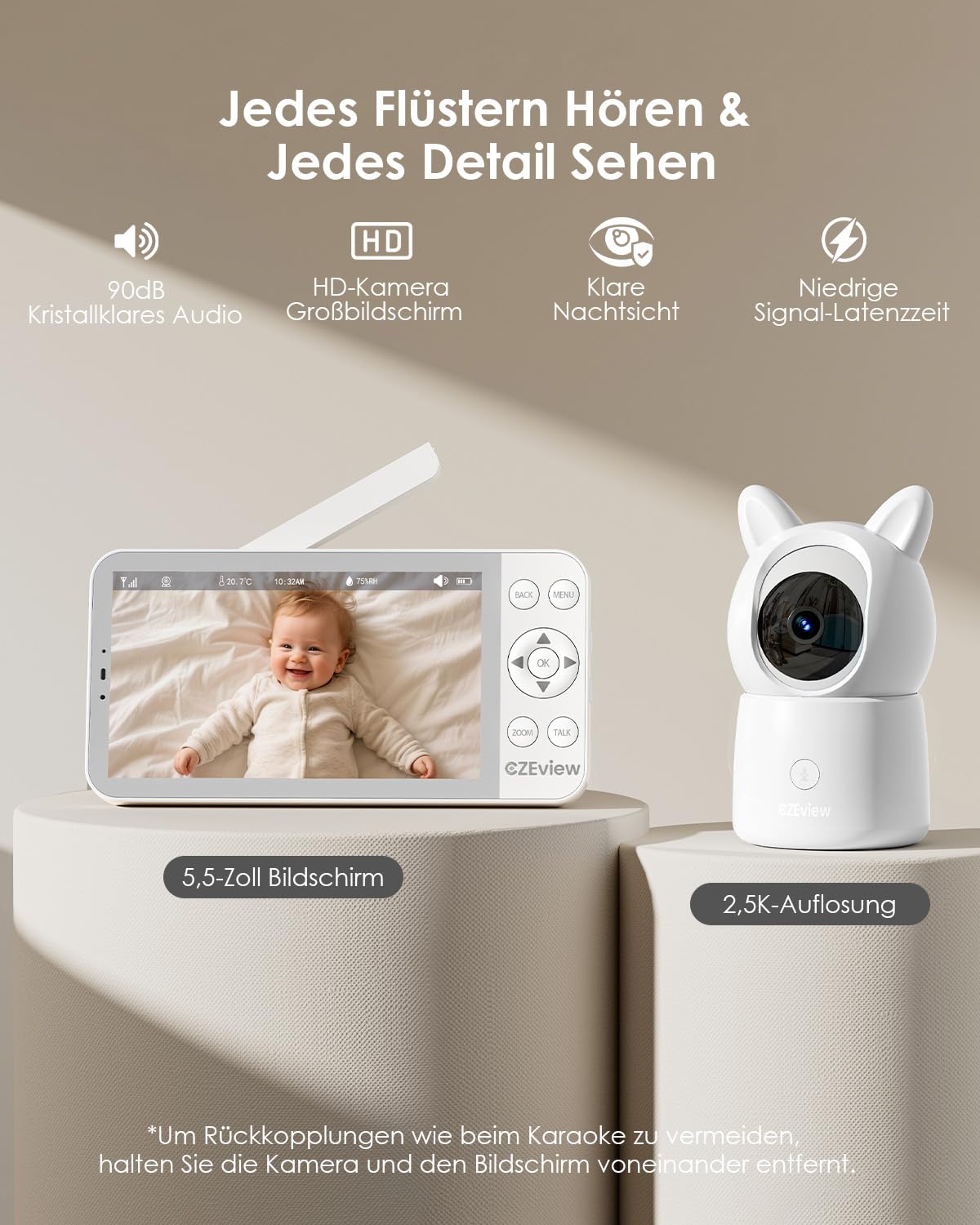 CZEview Babyphone mit Kamera 2.5K & 5.5-Zoll-HD-Großbildschirm, Nachtsicht, 360° WLAN Video Babyfon mit App, Musik & Buntes Nachtlicht, Intelligente Erkennung (Weiß mit 1 Kamera) | Superklar, Nachtsicht, Zwei-Wege-Audio, Schlaflieder, Temp.-Sensor, Schwen