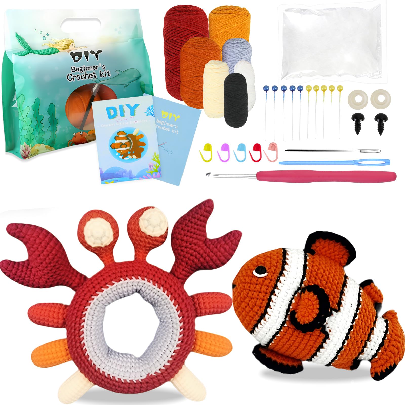 Bd-Herego Clownfish & Crab Crochet Kit For Beginners - Crochet Animal Kit For Crab And Clownfish, Include Crochet Hook, Soft Yarn, Video Tutorials, Instruction, Crochet Starter Kit For Adults (Clownfish & Crab)
