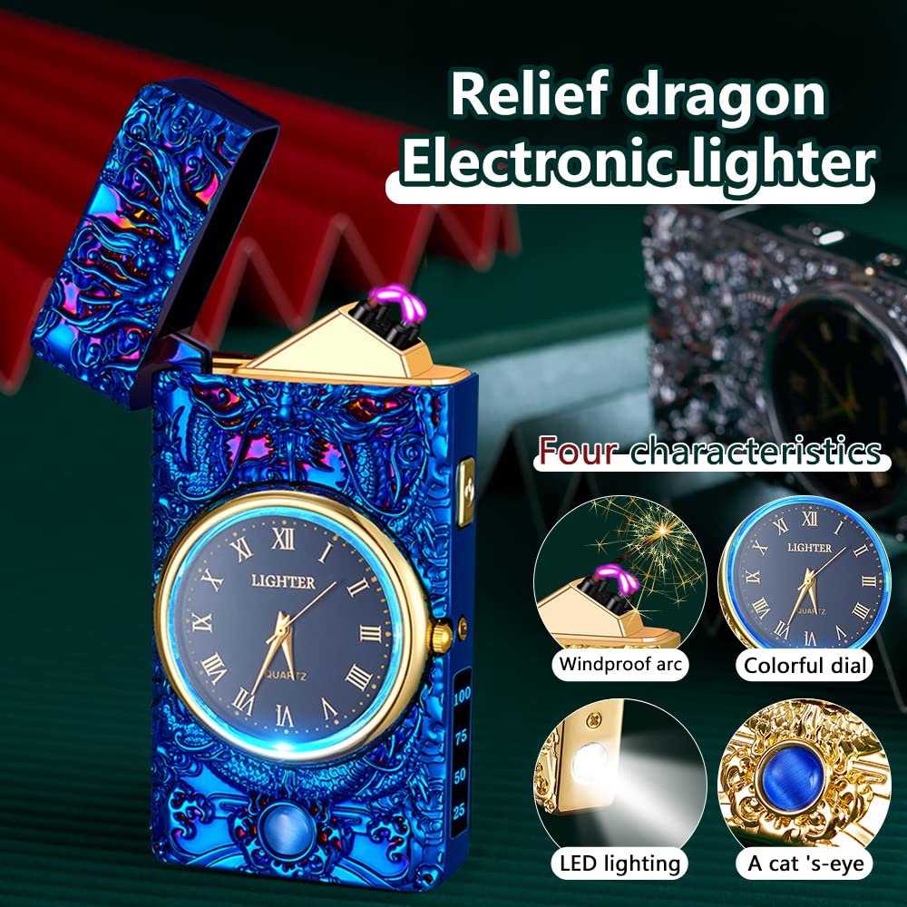 GADATOP Dragon Briquet électrique à arc plasma résistant au vent sans flamme rechargeable par USB avec cadran lumineux et éclairage LED (bleu)