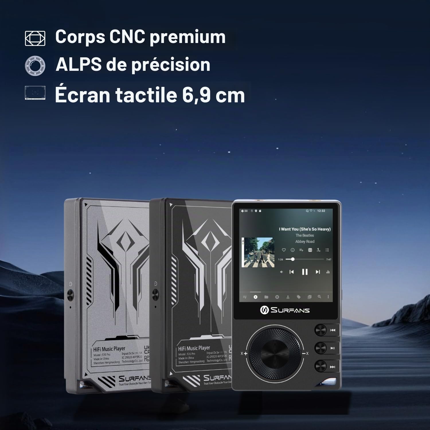 Surfans F20 Pro Lecteur de musique Android Hi-Res avec double ESS9018 DAC, DSD512, support Spotify & Tidal, Wi-Fi & BT LDAC, équilibré 4,4 mm (500 mW), extensible jusqu'à 1 To, écran tactile 2,8" MP3