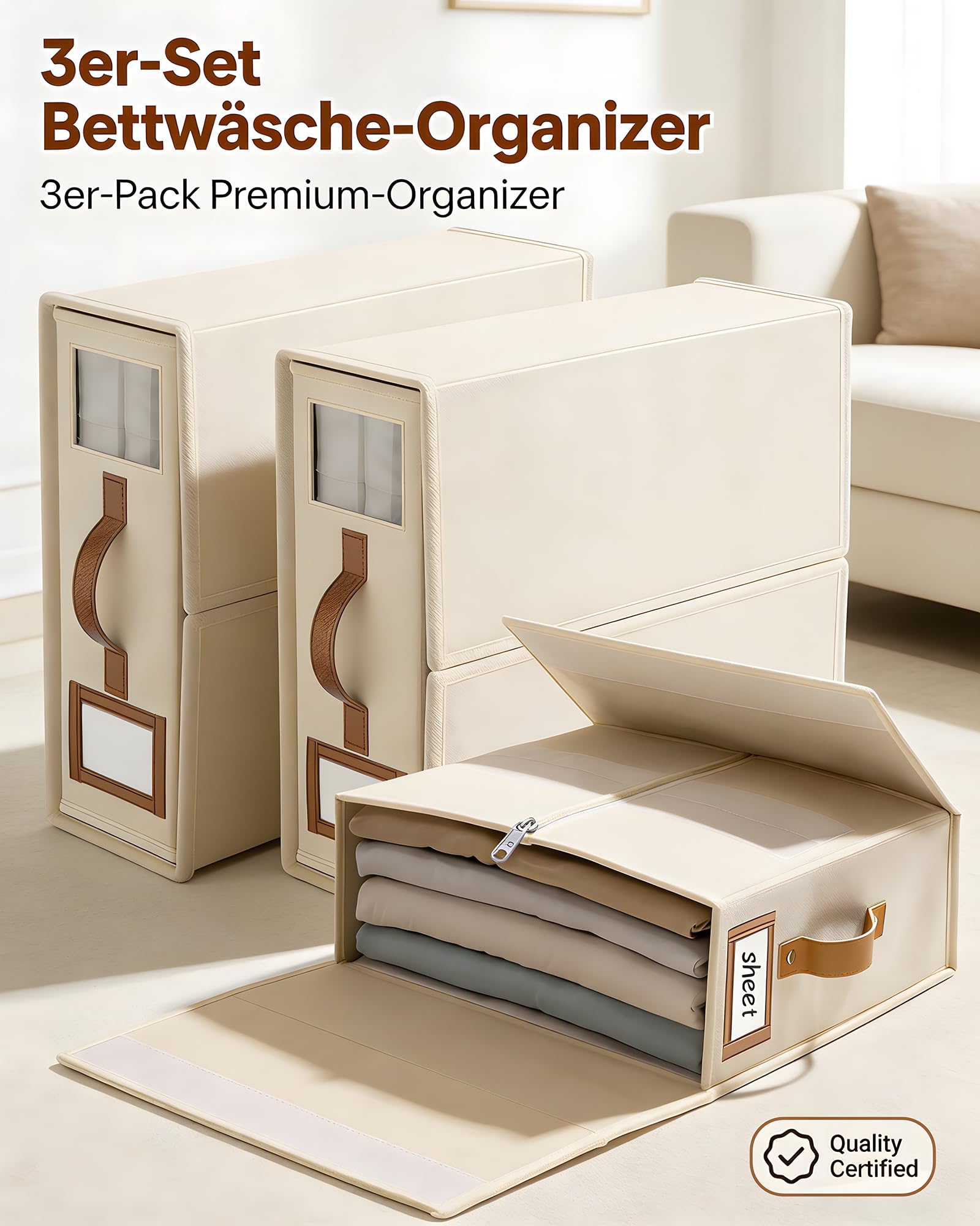 SwartLife 3er Set Bettwäsche Organizer Box - Premium Leinen-Mix Betttuch Aufbewahrung für King Size Bettlaken & Decken - Faltbare Schrank Ordnungssystem mit Sichtfenster & Etikett - Cremeweiß