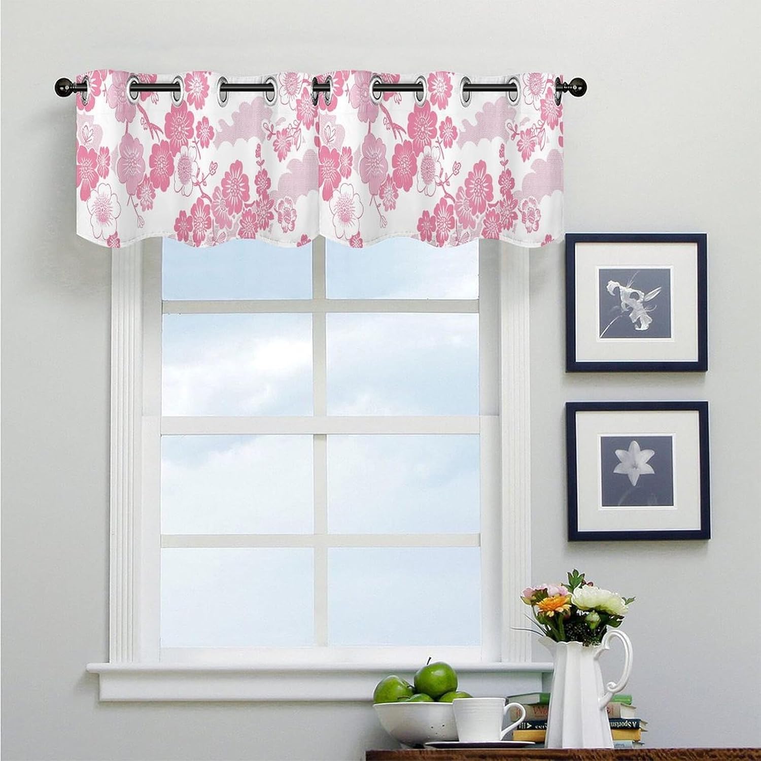 Japanese Flower Pattern Valance for Windows, 2 Pack Kitchen Curtains Modern Home Decor, Soft Blackout Window Curtains for Living Room & Bedroom, 18 X 52 Inch