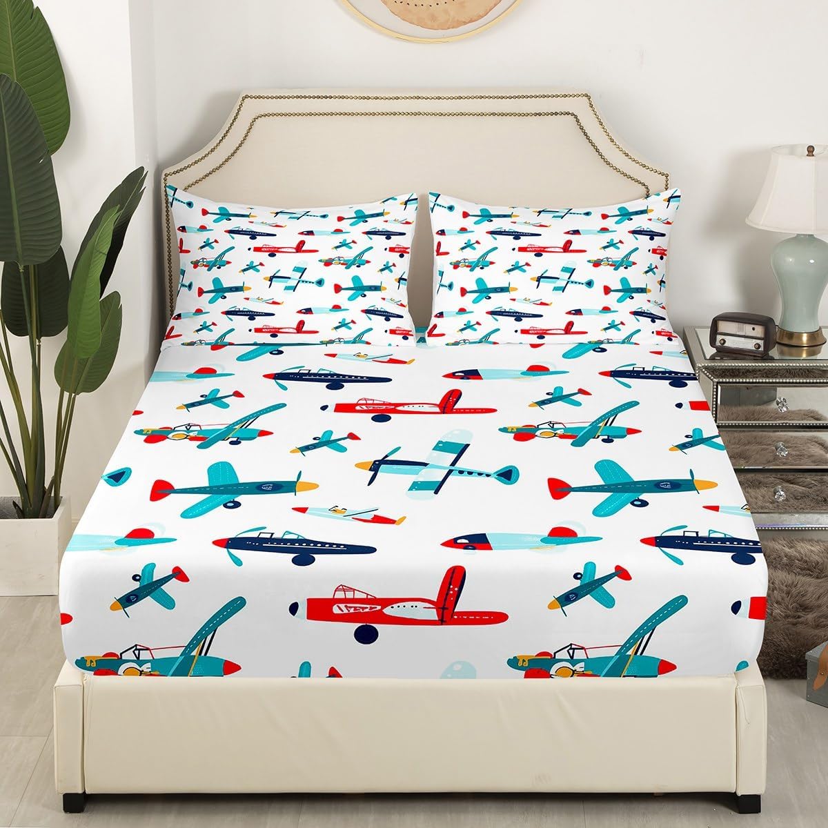 Airplane Cartoon Bedding Fitted Sheet Aircraft Flying Bed Sheet Set for Kids Boys Girls Novelty Cartoon Toys Bedding Sheets Aero Vehicles Cute Decor Bed Cover with 2 Pillowcases 3Pcs Bedding Queen