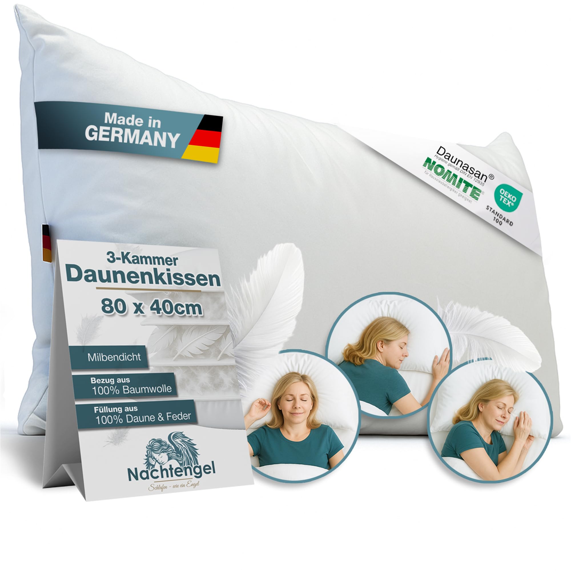 Nachtengel DAUNENKISSEN 40X80 – 3-Kammer Kopfkissen aus Daunen & Federn – Weiches Federkissen im Hotelstil, atmungsaktiv – Made in Germany – Medium, Füllgewicht 700 g