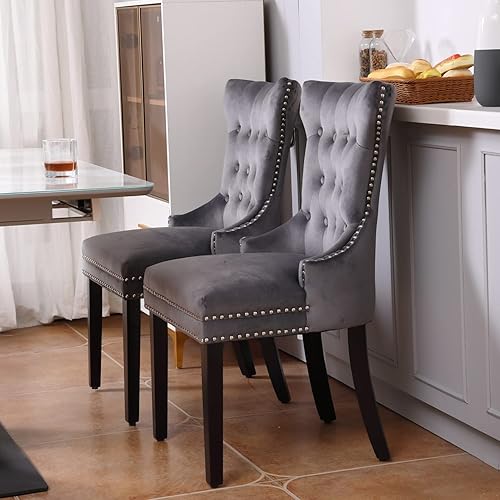 Miniatura 2 de Juego de 2 sillas de comedor grises lujosas y modernas sillas de comedor tapizadas de terciopelo con patas de madera, gancho de metal, lujoso botón