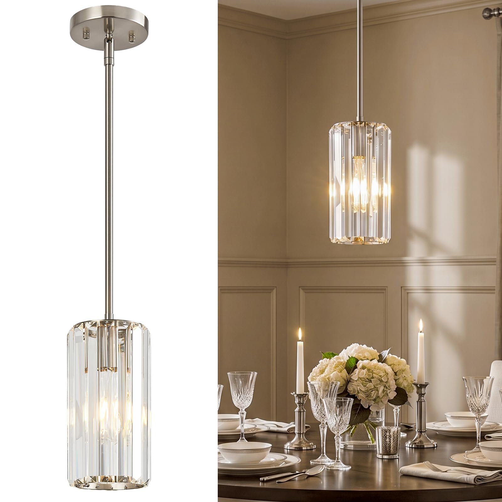 Nickel Pendant Light, Mini Crystal Chandelier Adjustable Fixture 1-Pack