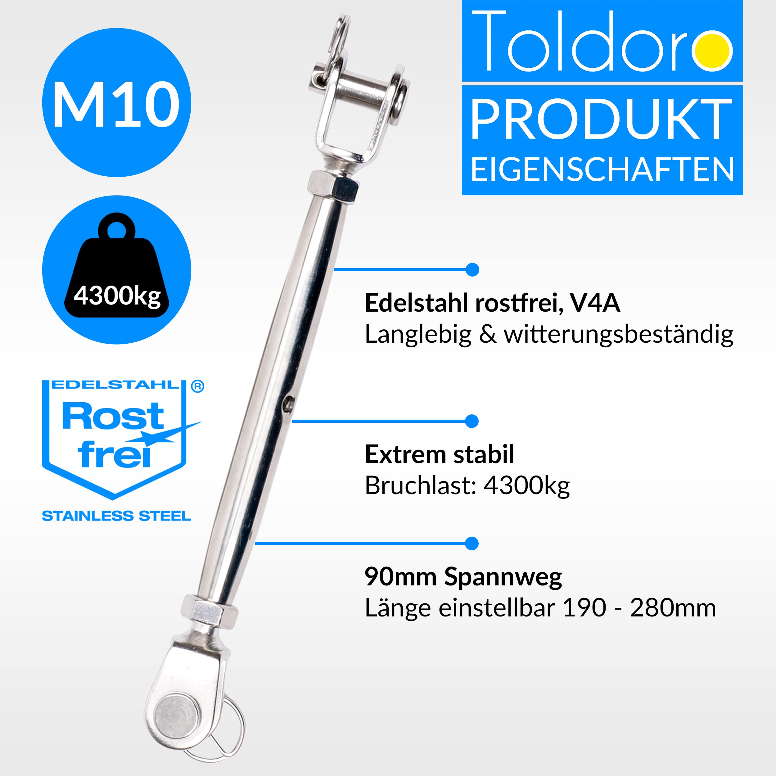 Toldoro 10 Stück M10 Wantenspanner Edelstahl rostfrei V4A / Sonnensegel Spanner, Spannschloss, Seilspanner, Drahtspanner Gabel als Sonnensegel Zubehör/geschlossene Form