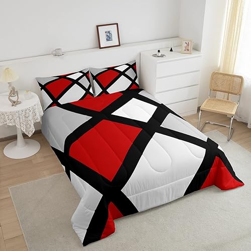 Miniatura 4 de Juego de edredón de cuadros rojo, gris y blanco, juego de ropa de cama individual, rayas negras, 2 piezas para niños, adolescentes, niños, niñas,