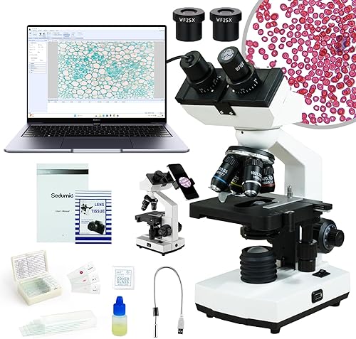 Sedumic Microscopio para adultos estudiantes, microscopios compuestos binoculares 40X-2500X con cámara de 2MP, iluminación LED, etapa mecánica de