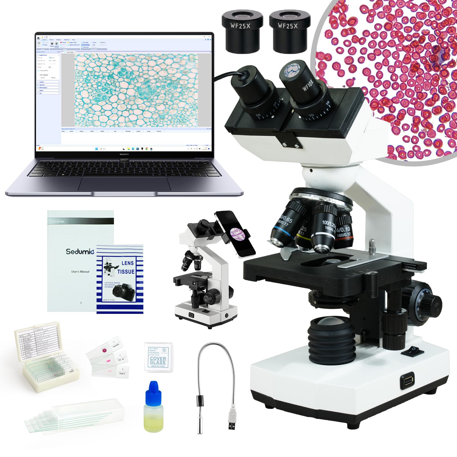 Microscope for Adults Students, 40X-2500X Binocular Compound Microscopes w/ 2MP Camera, LED Illumination, Double-Layer Mechanical Stage, Research-Grade Professional Microscopes for School,Lab