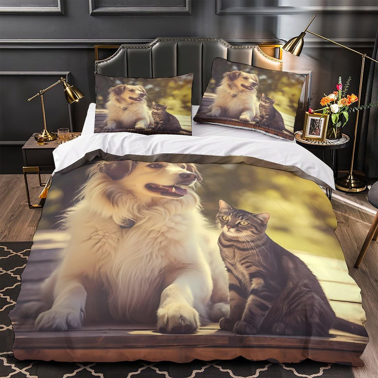 Housse de couette 3D chien et chat microfibre pour un lit single facile à border et doux